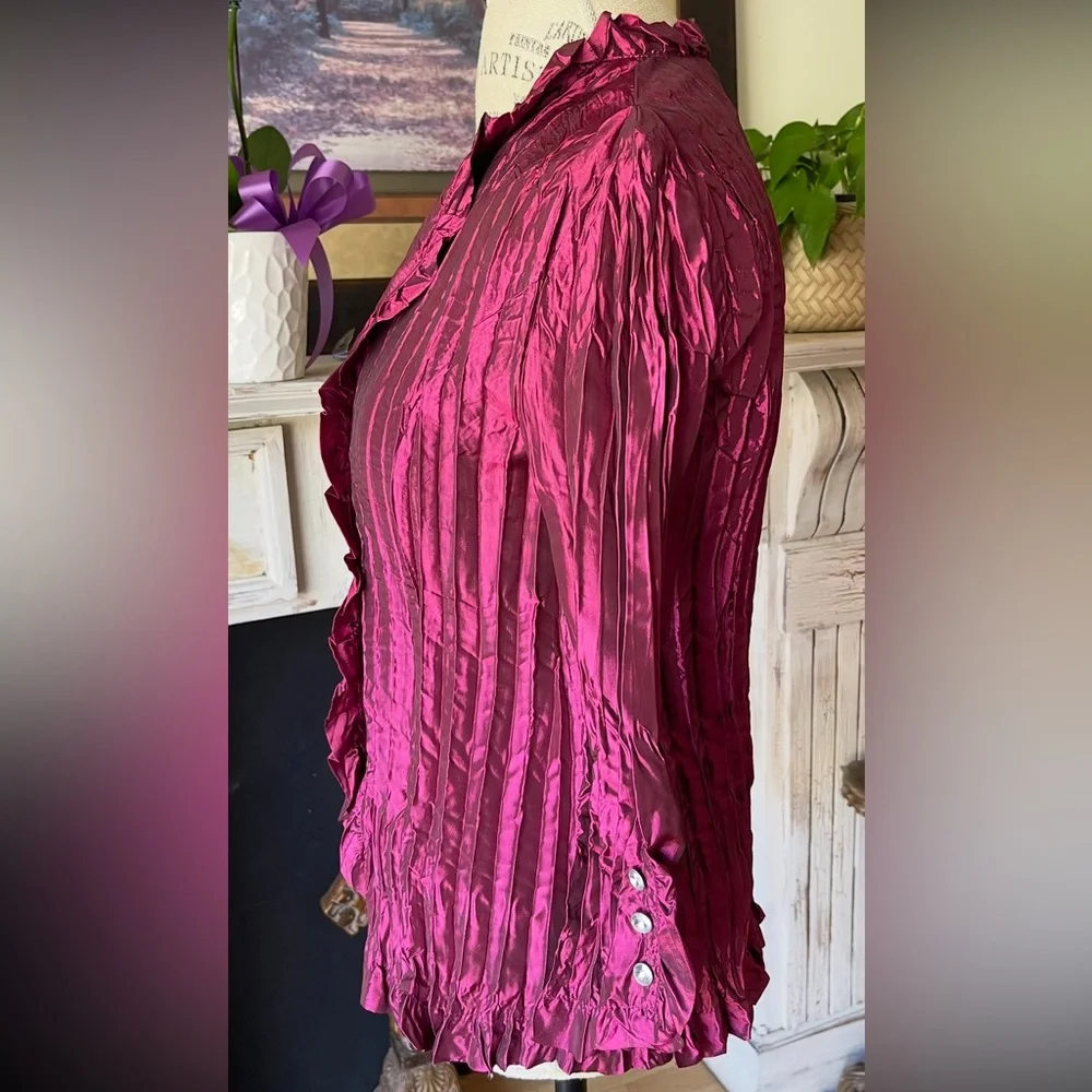 PIANO Maroon Iridescent Crinkle Blouse w/ Crystal Buttons Shawl Collar E… - Picture 7 of 12